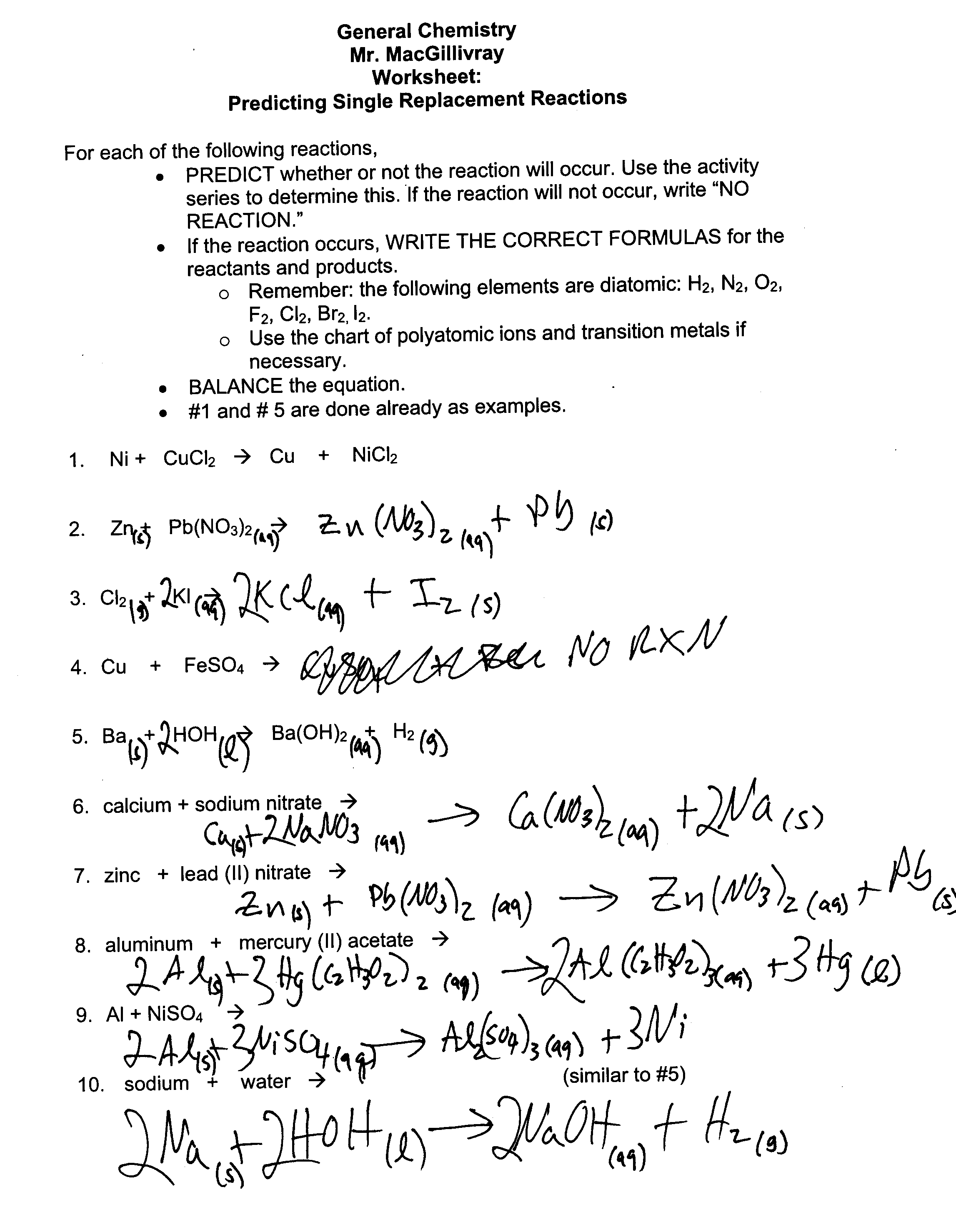 Chemistry Single Replacement Reaction Worksheet Answer
